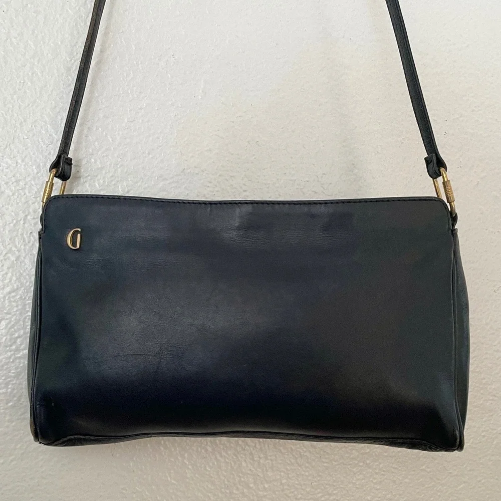 Vintage Ganson Black Leather Crossbody Bag Gold Hardware Hong Kong Classic
